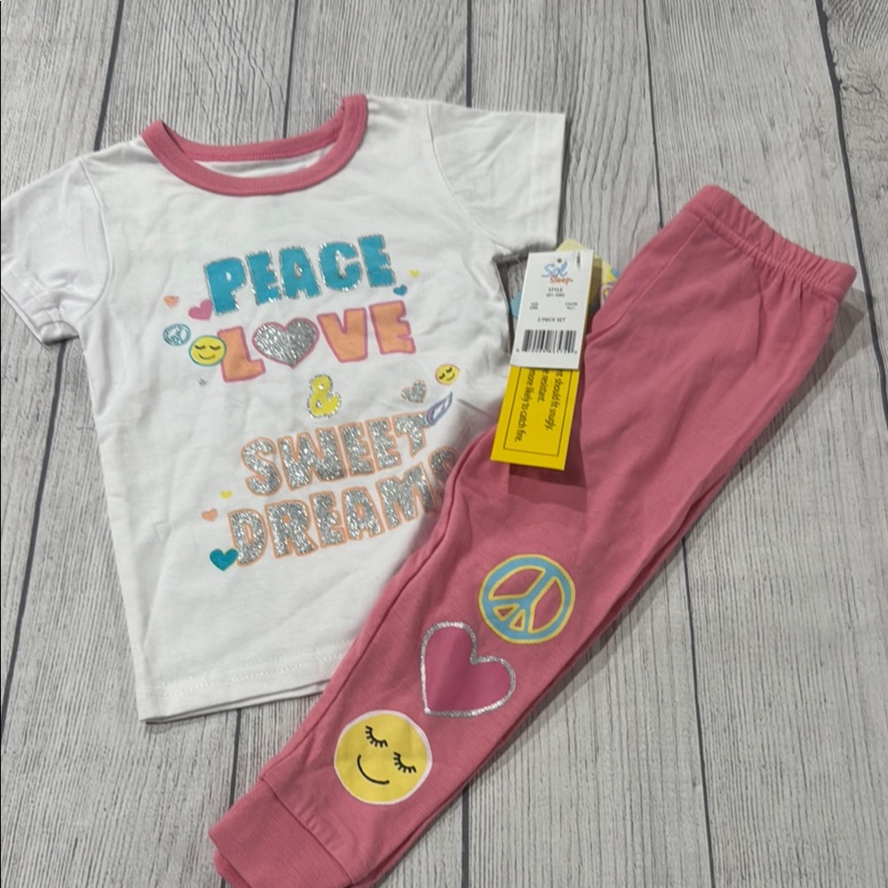 Sol Sleep White and Pink Pajama Set with Peace, Love, & Sweet Dreams Graphics
